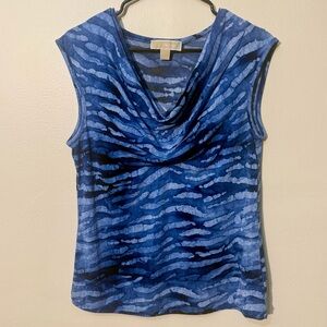 Michael Kors Blue Tie-Dye Zebra Print Cowl Neck Sleeveless Top, Size Large